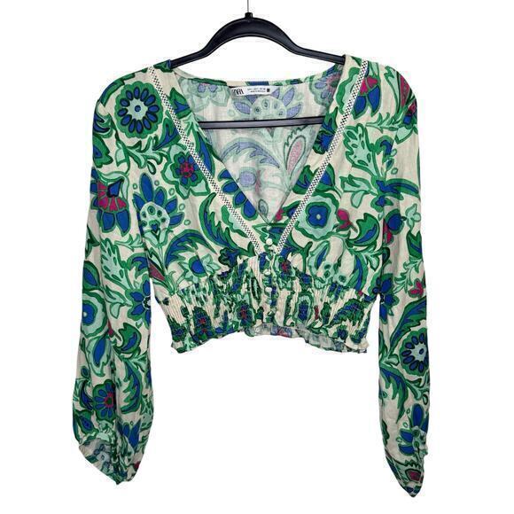 Zara Floral‎ Cropped Long-sleeve Green and Blue Size L - Picture 3 of 7